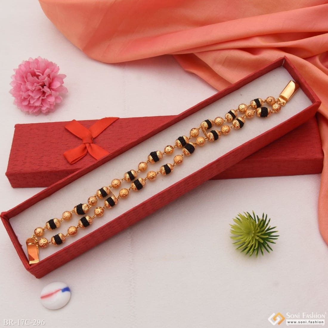 Rudraksha Punchmukhi Bracelet With Pure Gold Flower Caps-RD-BR-5-1033