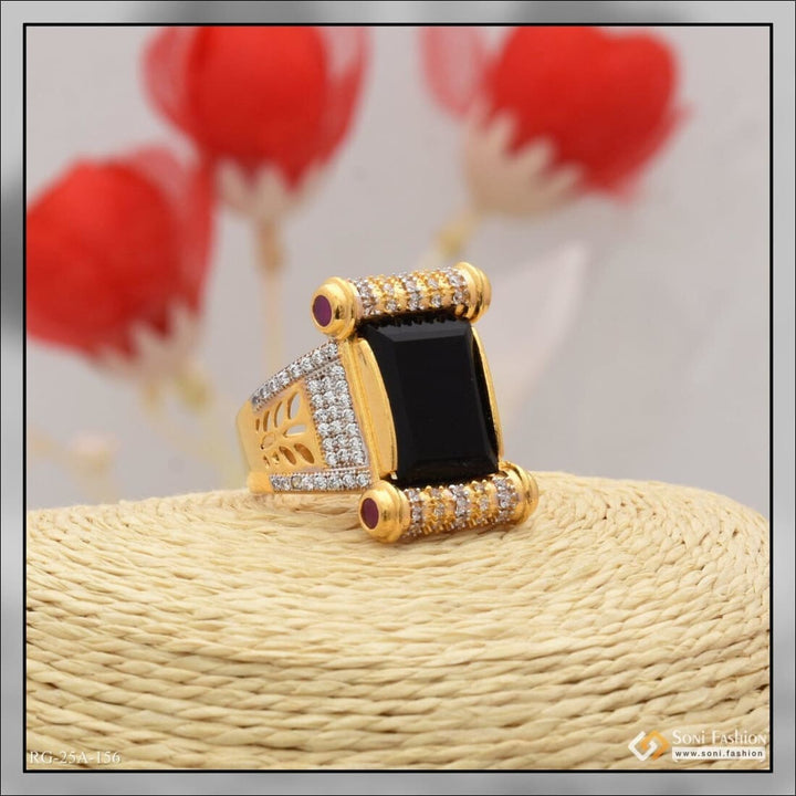 1 Gram Gold Forming Black Stone With Diamond Plated Ring