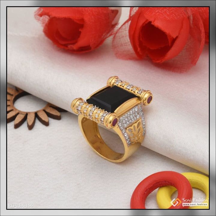 1 Gram Gold Forming Black Stone With Diamond Plated Ring