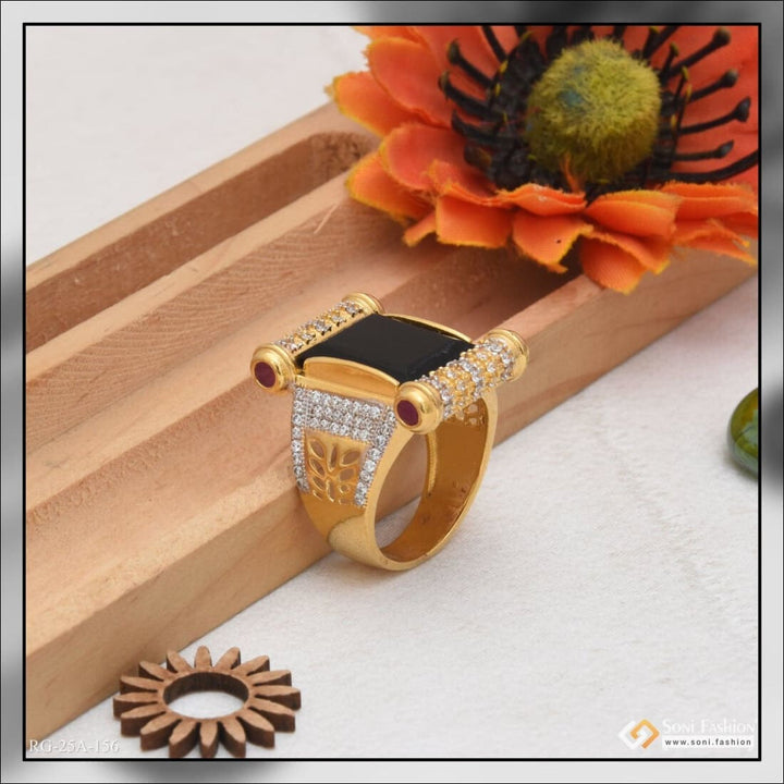 1 Gram Gold Forming Black Stone With Diamond Plated Ring