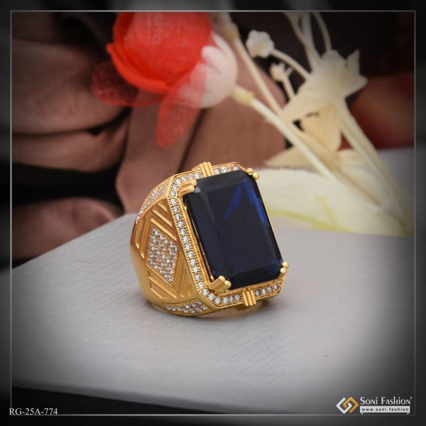 1 Gram Gold Forming Blue Stone with Diamond Fashionable Design Ring for Men - Style A774