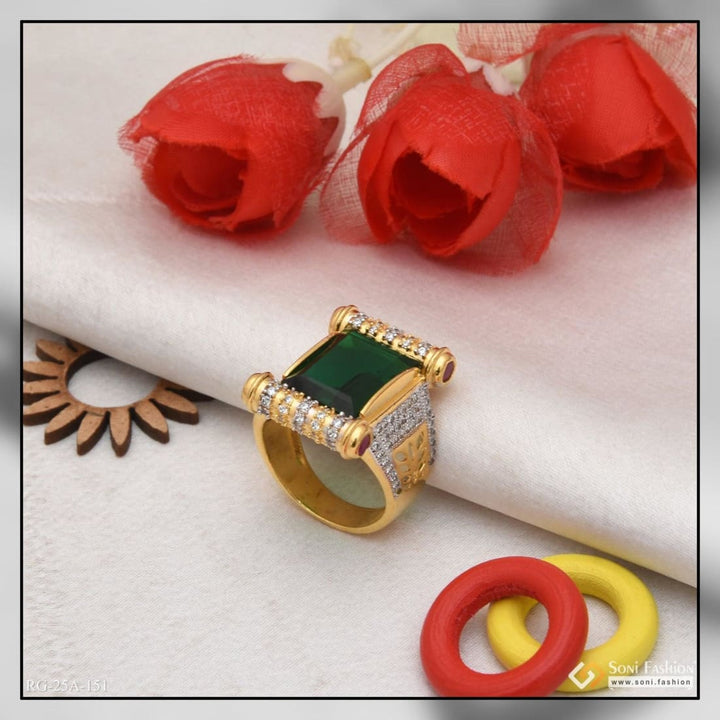 1 gram gold forming green stone with diamond plated ring for