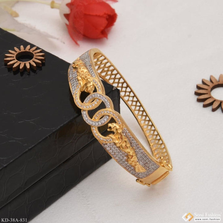 1 Gram Gold Forming Jaguar With Diamond Kada For Men.