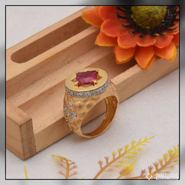 Gold Plated Square Shape Red Color Stone Finger Ring