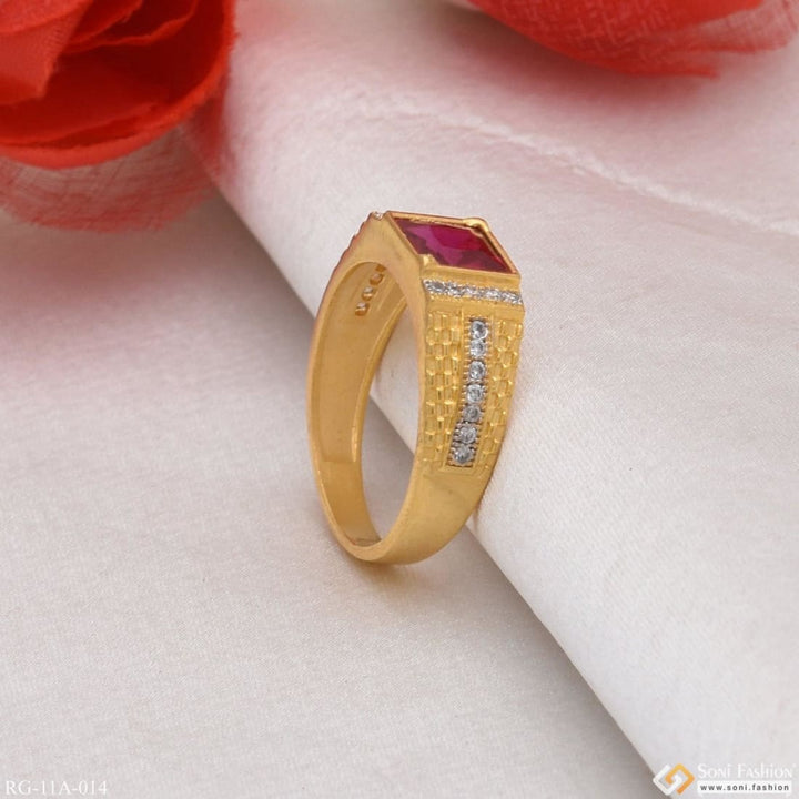 1 Gram Gold Forming Pink Stone With Diamond Plated Ring