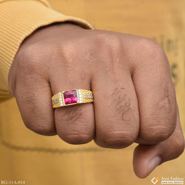 1 Gram Gold Forming Pink Stone With Diamond Plated Ring