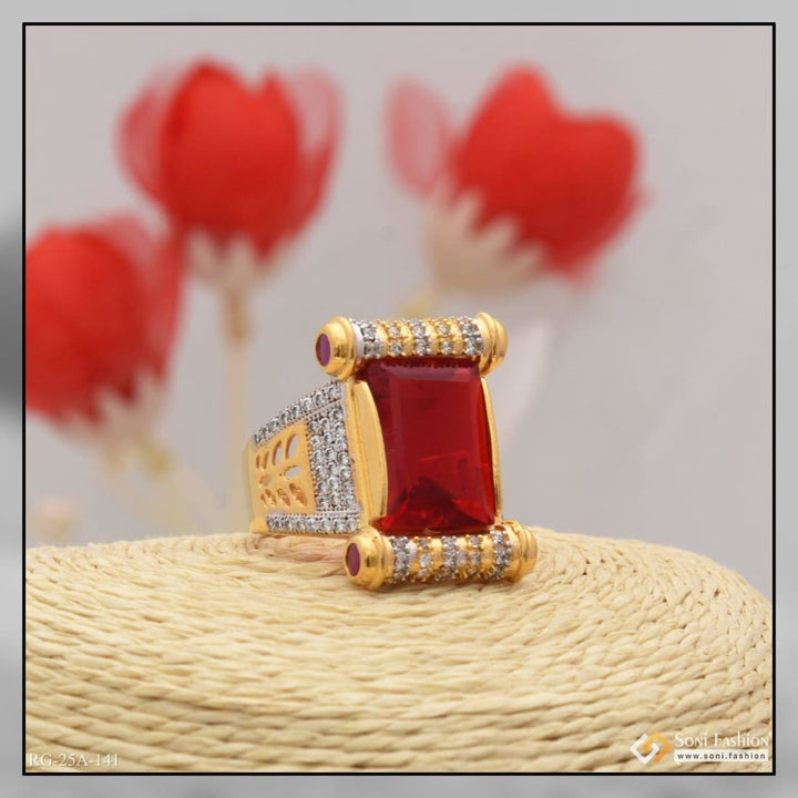 1 gram gold forming red stone with diamond plated ring for