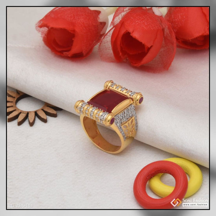 1 gram gold forming red stone with diamond plated ring for