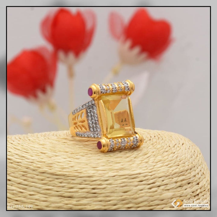 1 Gram Gold Forming Yello Stone With Diamond Plated Ring