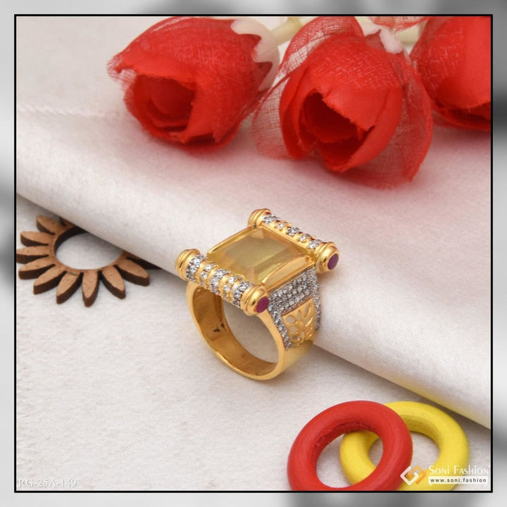 1 Gram Gold Forming Yello Stone With Diamond Plated Ring