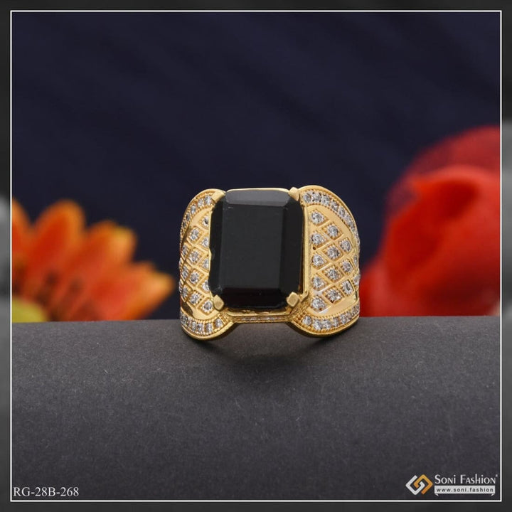 Gold plated black diamond ring for men - 1 Gram Gold Plated Black Stone With Diamond Ring Style B268