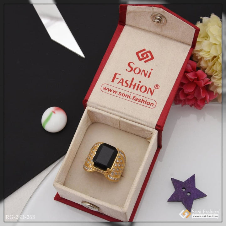 Gold plated ring in box with flower - 1 gram gold plated black stone with diamond for men