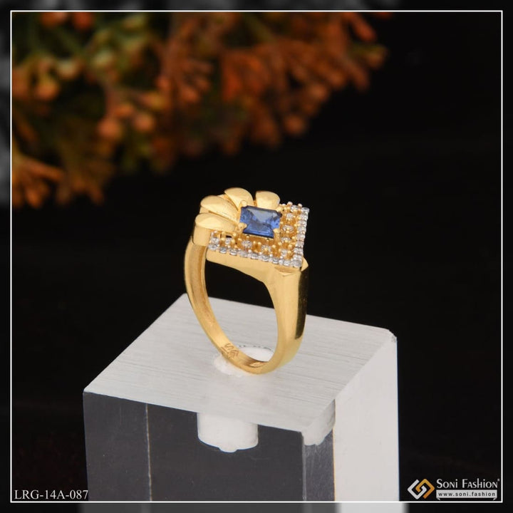 1 Gram Gold Plated Blue Stone With Diamond Designer Ring