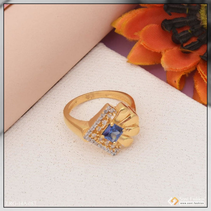 1 Gram Gold Plated Blue Stone With Diamond Designer Ring