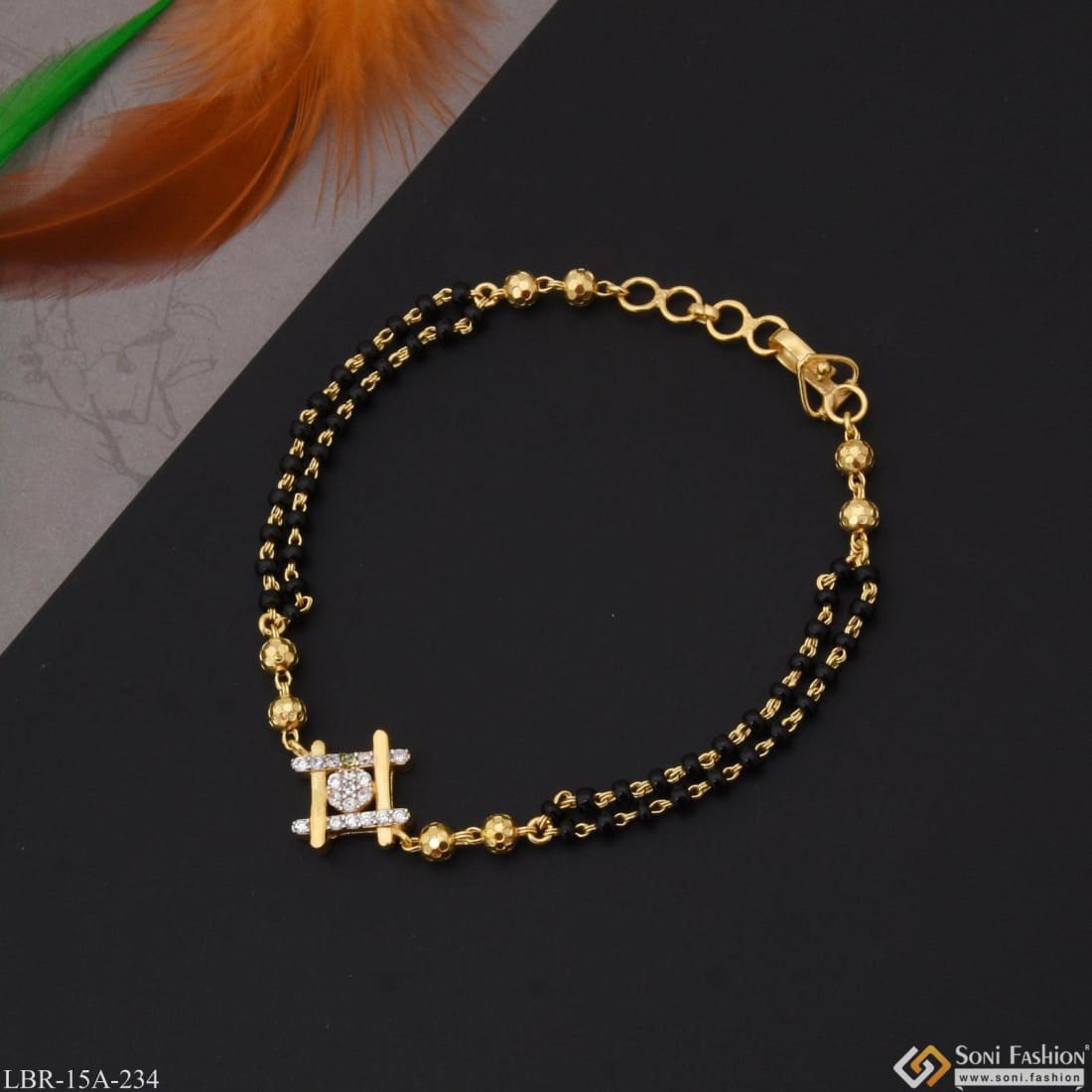 Mahi Dual Chain Heart Charm Mangalsutra Bracelet with Beads and Crysta