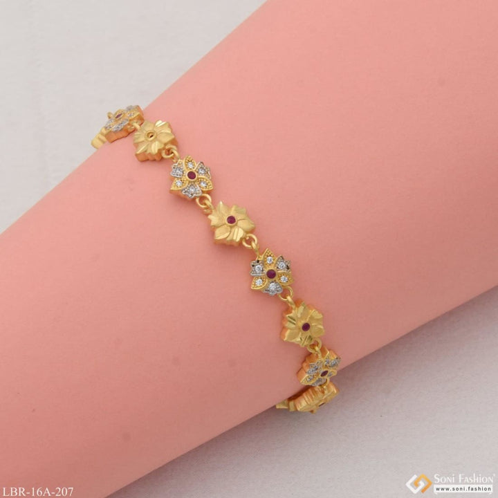 1 Gram Gold Plated Flower With Diamond Designer Bracelet