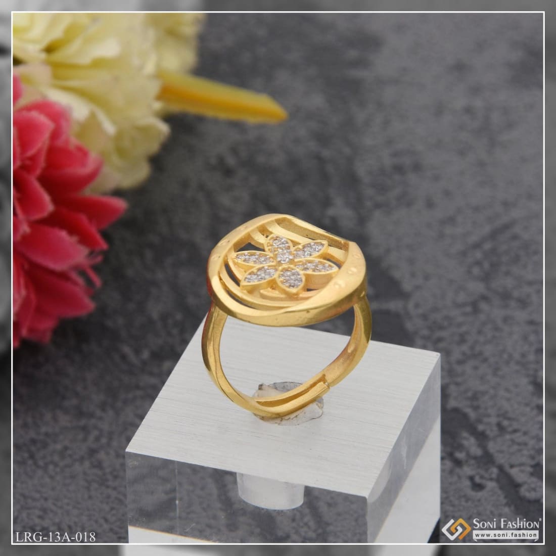 1 Gram Gold Plated Flower With Diamond Glamorous Design Ring For – Soni  Fashion®