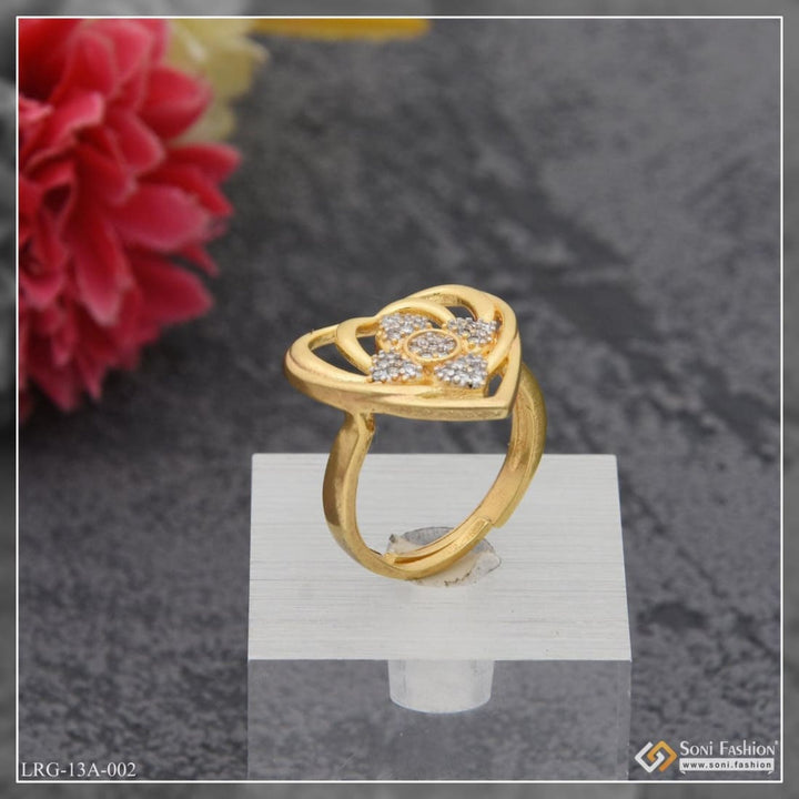 1 Gram Gold Plated Heart Shape With Diamond Designer Ring