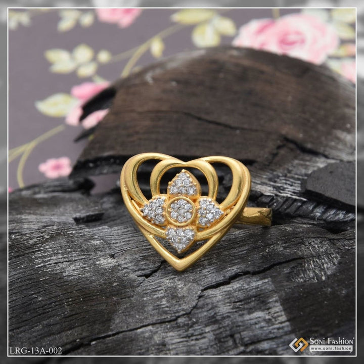 1 Gram Gold Plated Heart Shape With Diamond Designer Ring