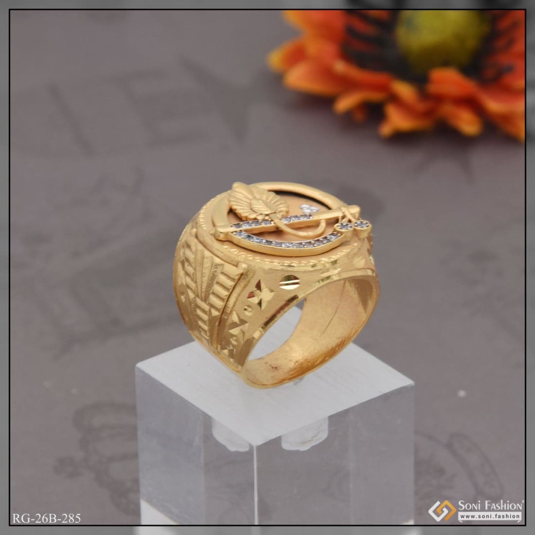 1 Gram Gold Plated Krishna Flute with Diamond Best Quality Ring