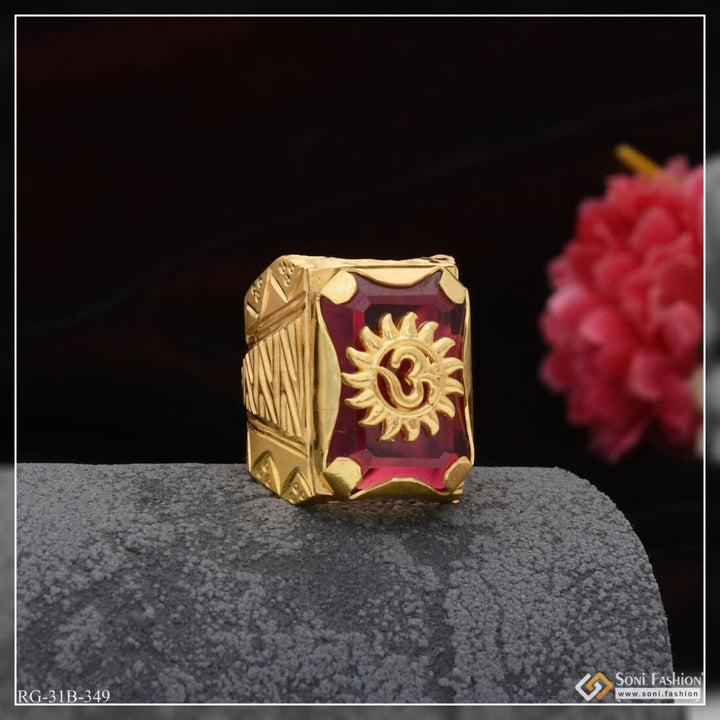 1 Gram Gold Plated Om On Pink Stone Glamorous Design Ring