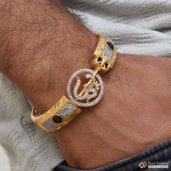 Gold plated Om and Diamond Kada for Men - 1 Gram Gold Plated Artisanal Design with Black and White Diamonds