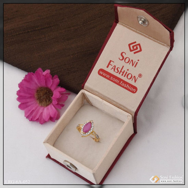 1 Gram Gold Plated Pink Stone With Diamond Chic Design Ring