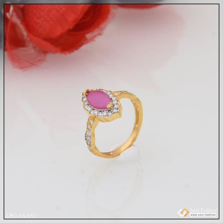 1 Gram Gold Plated Pink Stone With Diamond Chic Design Ring