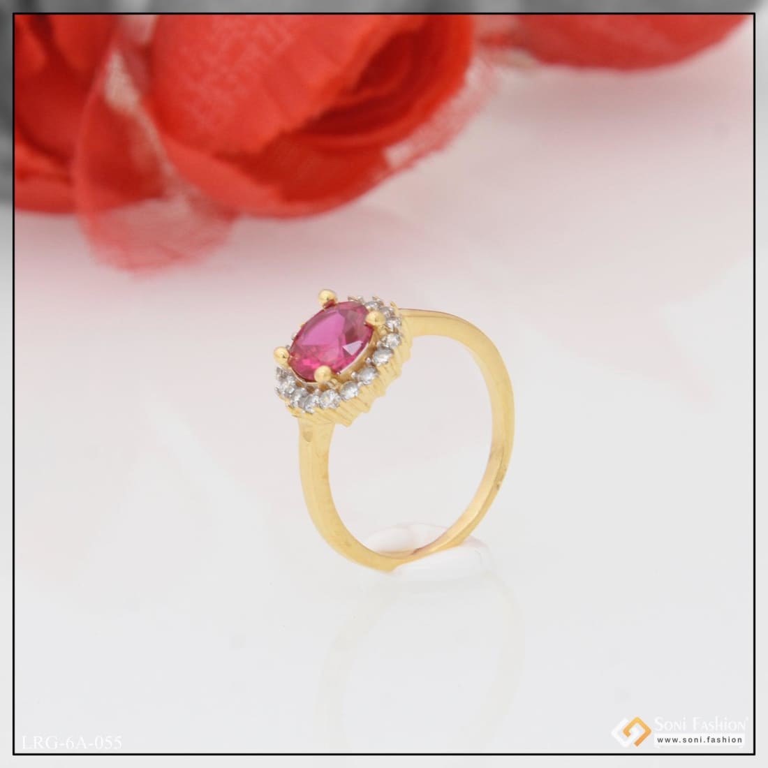 1 Gram Gold Plated Pink Stone With Diamond Designer Ring For 