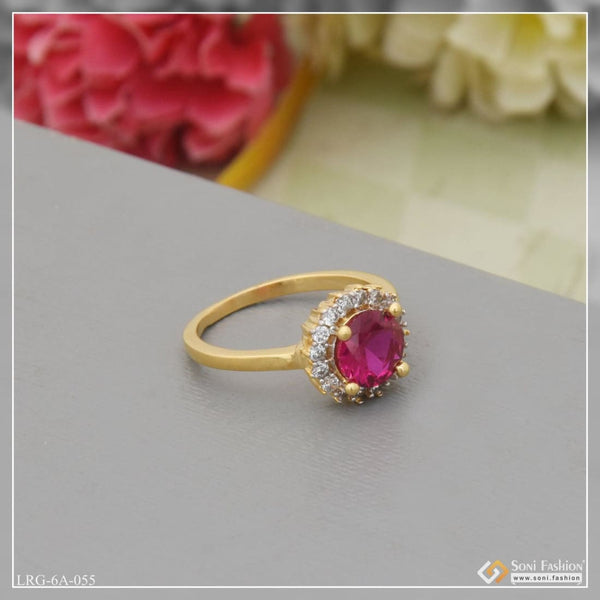 1 Gram Gold Plated Pink Stone With Diamond Designer Ring