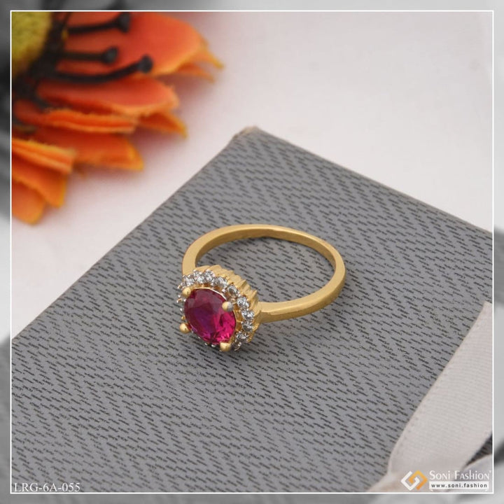 1 Gram Gold Plated Pink Stone With Diamond Designer Ring