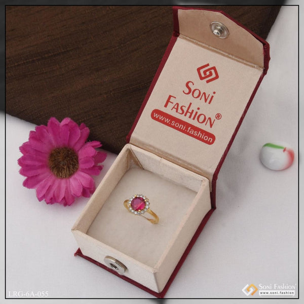 1 Gram Gold Plated Pink Stone With Diamond Designer Ring