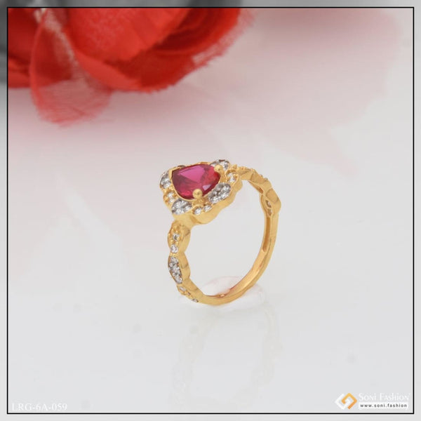 1 Gram Gold Plated Pink Stone With Diamond Designer Ring