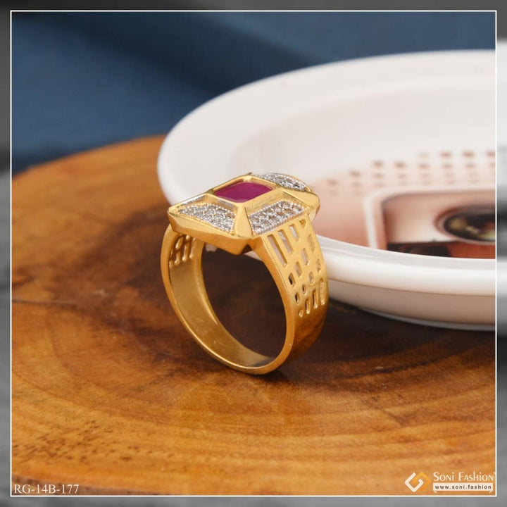 1 Gram Gold Plated Pink Stone Ring with Diamonds - Style B177