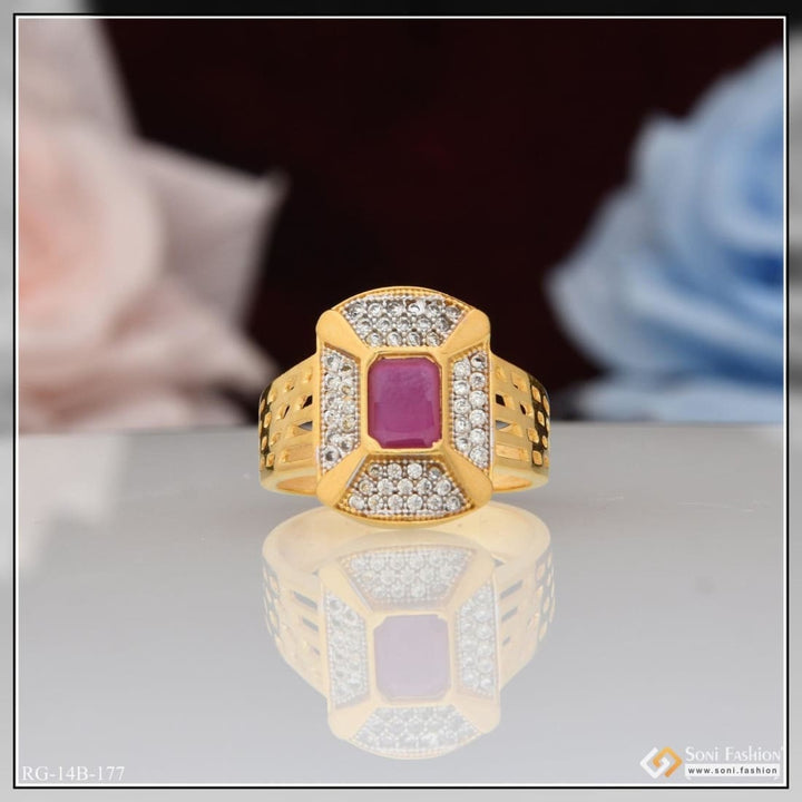 1 Gram Gold Plated Pink Stone With Diamond Men’s Ring - Style B177