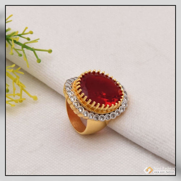 Gold plated ring with red stone and diamonds - 1 gram gold plated men’s ring A954