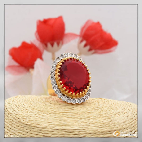 Gold plated red stone ring with diamond accent - 1 gram gold plated men’s ring, style A954