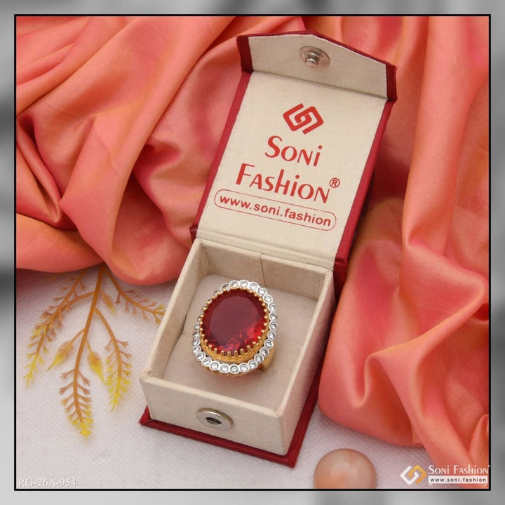 Gold plated red stone ring in box - 1 Gram Gold Plated Red Colour With Diamond Gold Plated Ring For Men