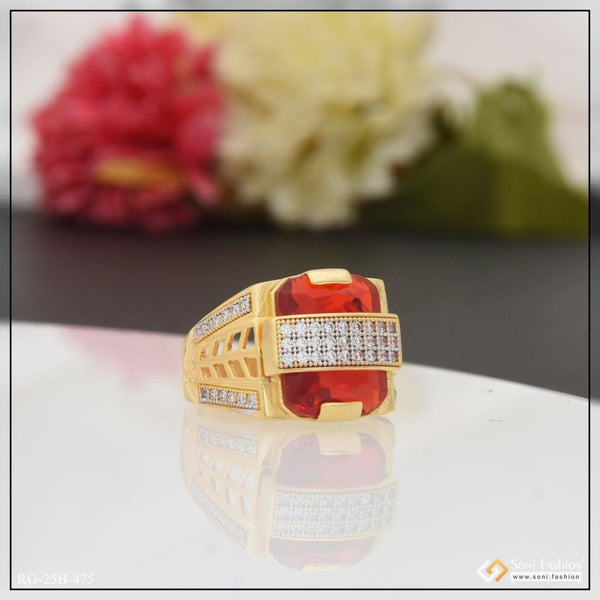 Gold Plated Red Stone and Diamond Design Ring for Men - Style B475