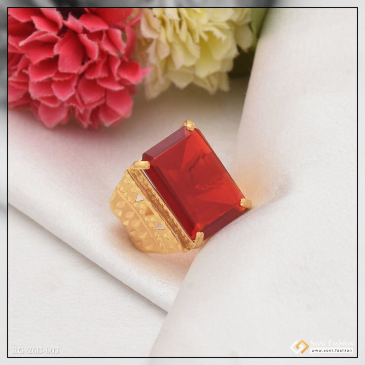 1 Gram Gold Plated Red Stone With Diamond Best Quality Ring