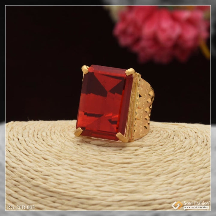 1 Gram Gold Plated Red Stone With Diamond Best Quality Ring