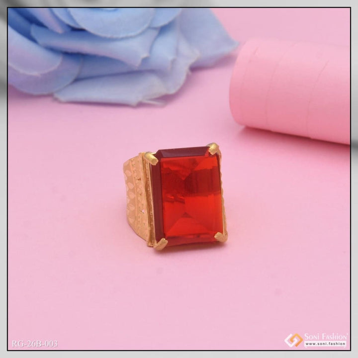 1 Gram Gold Plated Red Stone With Diamond Best Quality Ring