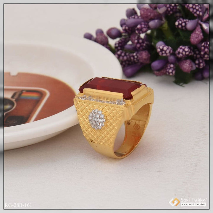 1 Gram Gold Plated Red Stone Ring with Diamonds - Style B161