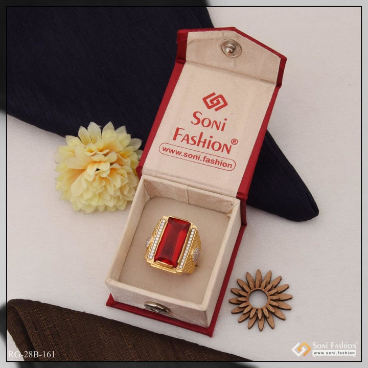 1 Gram Gold Plated Red Stone Ring in Box With Flower Bouquet - Style B161