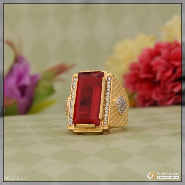 1 Gram Gold Plated Red Stone Ring with Diamonds - Style B161