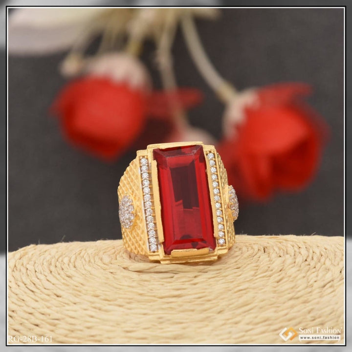 1 Gram Gold Plated Red Stone Men’s Ring with Diamonds - Style B161