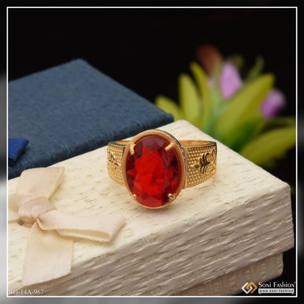 1 Gram Gold Plated Red Stone Ring on White Box - Style A967