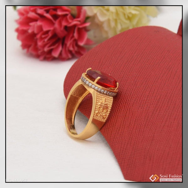 1 Gram Gold Plated Red Stone Ring with Diamond - Style A967