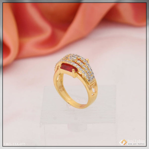 1 Gram Gold Plated Red Stone With Diamond Chic Design Ring