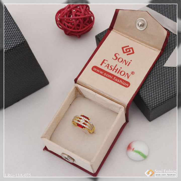 1 Gram Gold Plated Red Stone With Diamond Chic Design Ring